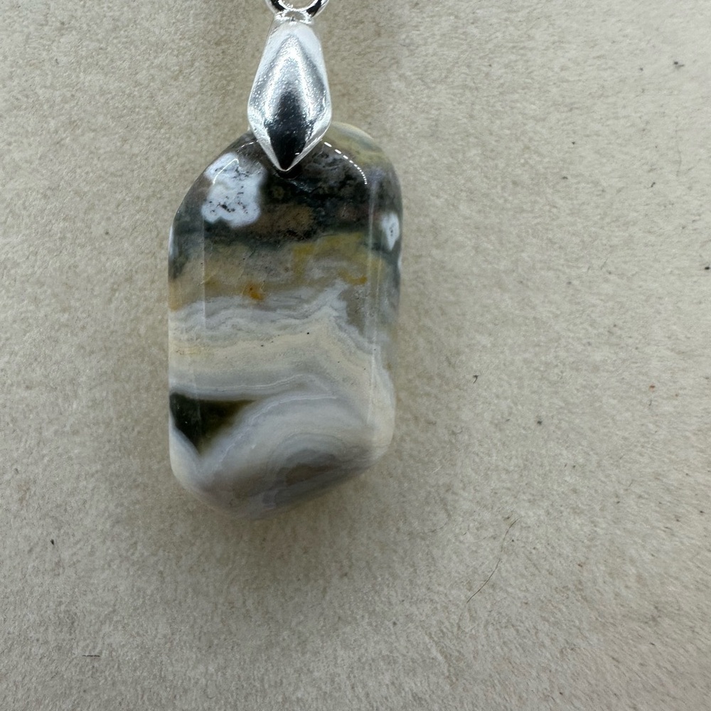 Natural Ocean Jasper Pendant Necklace on Stainless Steel Chain - Picture 2 of 9
